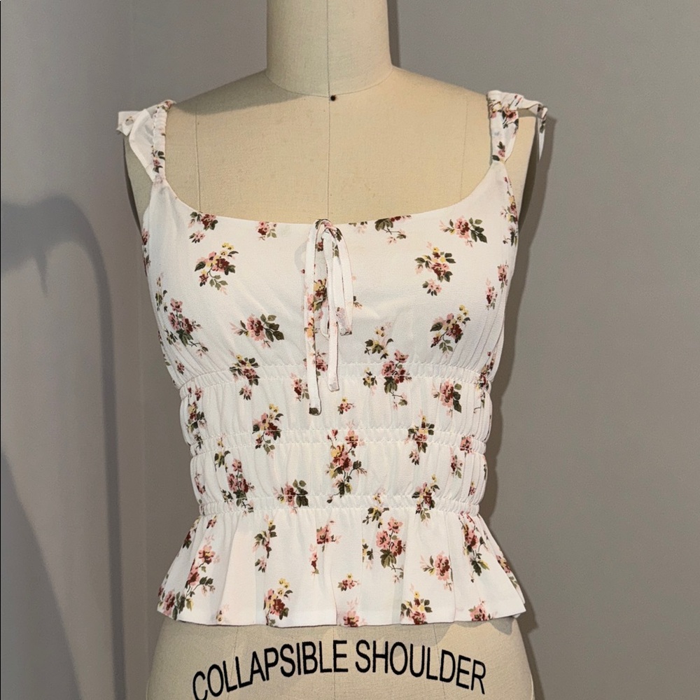 Reformation white floral pattern, stretchy tank top blouse